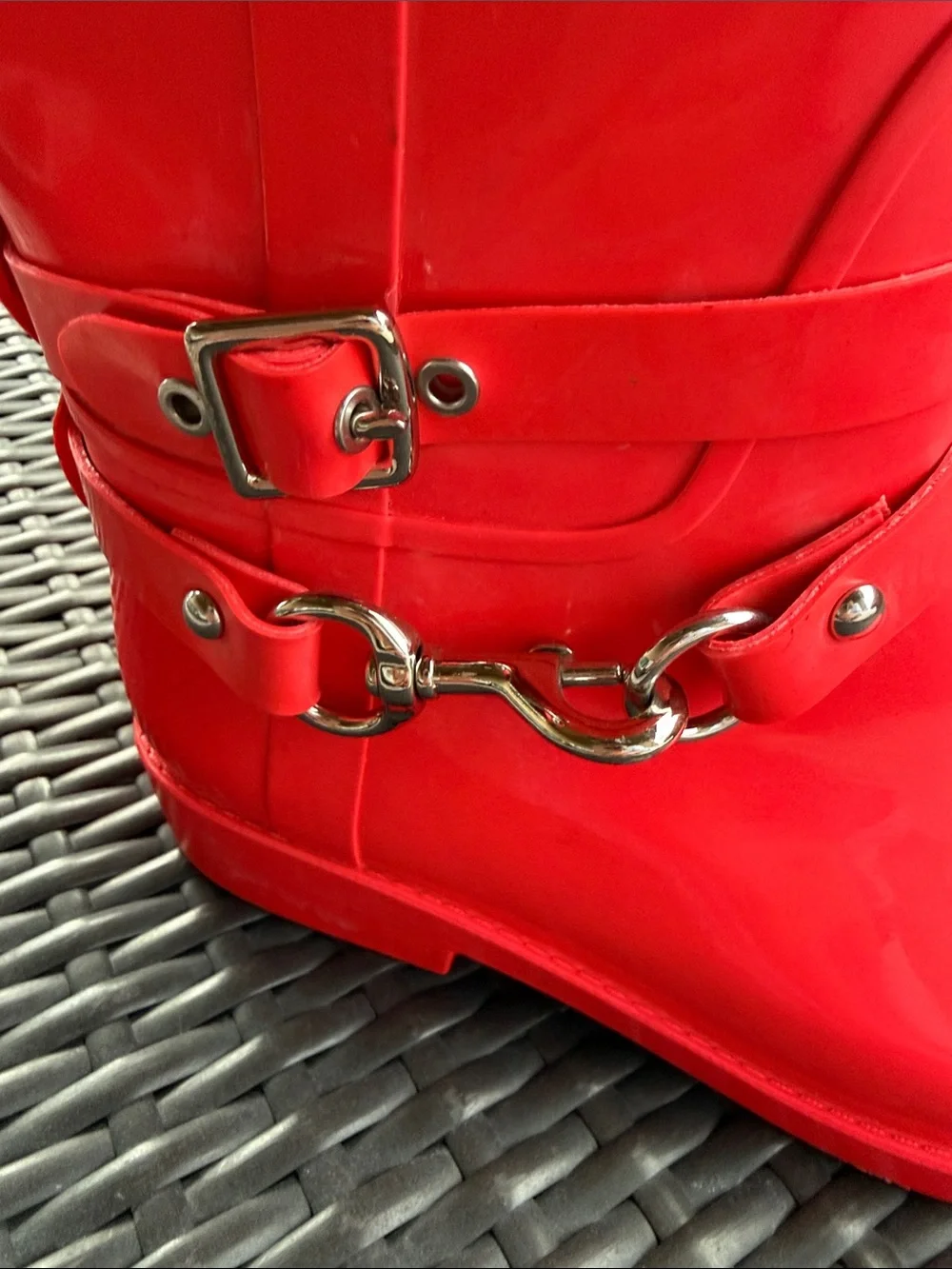 Coach rain Boots coral Red Knee-High with Chain Accent size 8 w/tags